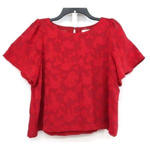 Ann Taylor LOFT Shirt Womens Small Red Lace Overlay Short Sleeve Lined Blouse
